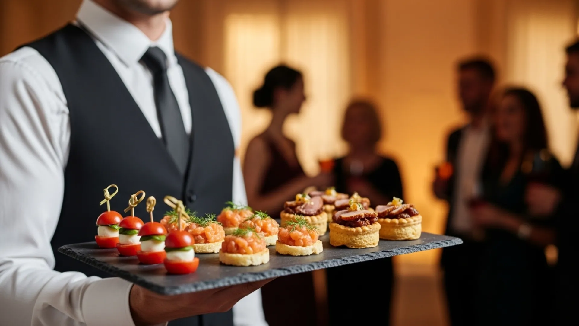 พนักงานเสิร์ฟถือถาดอาหารค็อกเทลขนาดพอดีคำในงานเลี้ยงสังสรรค์