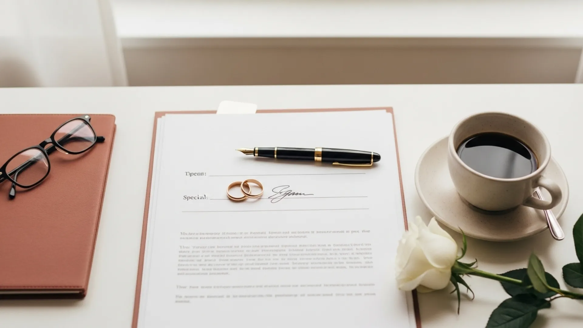 ภาพมุมบนของสัญญาจัดเลี้ยงงานแต่งงาน ปากกา และแหวนแต่งงานบนโต๊ะ