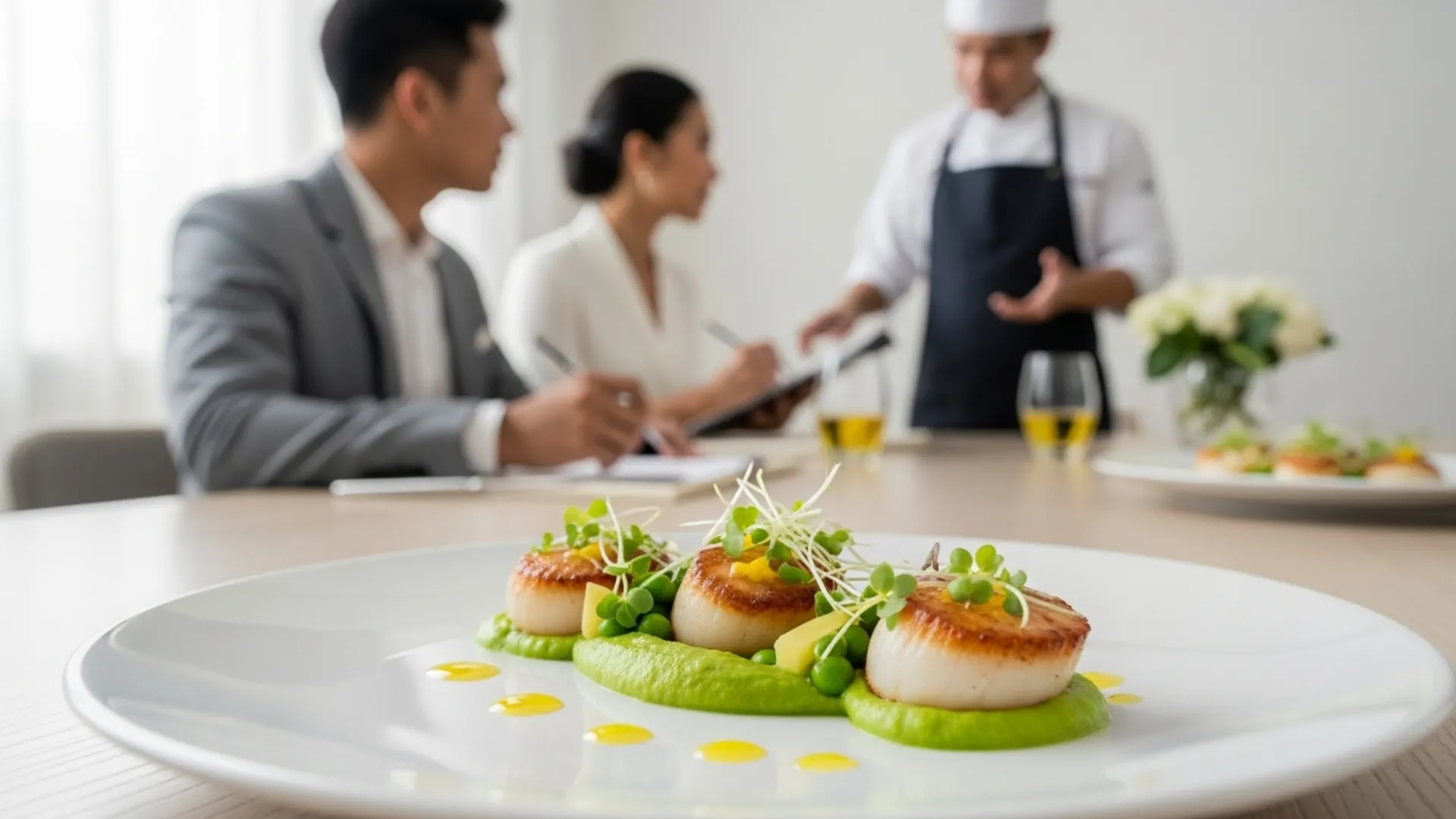 อาหารตัวอย่างที่จัดจานอย่างสวยงามสำหรับการชิมเมนูอาหารงานแต่งงาน