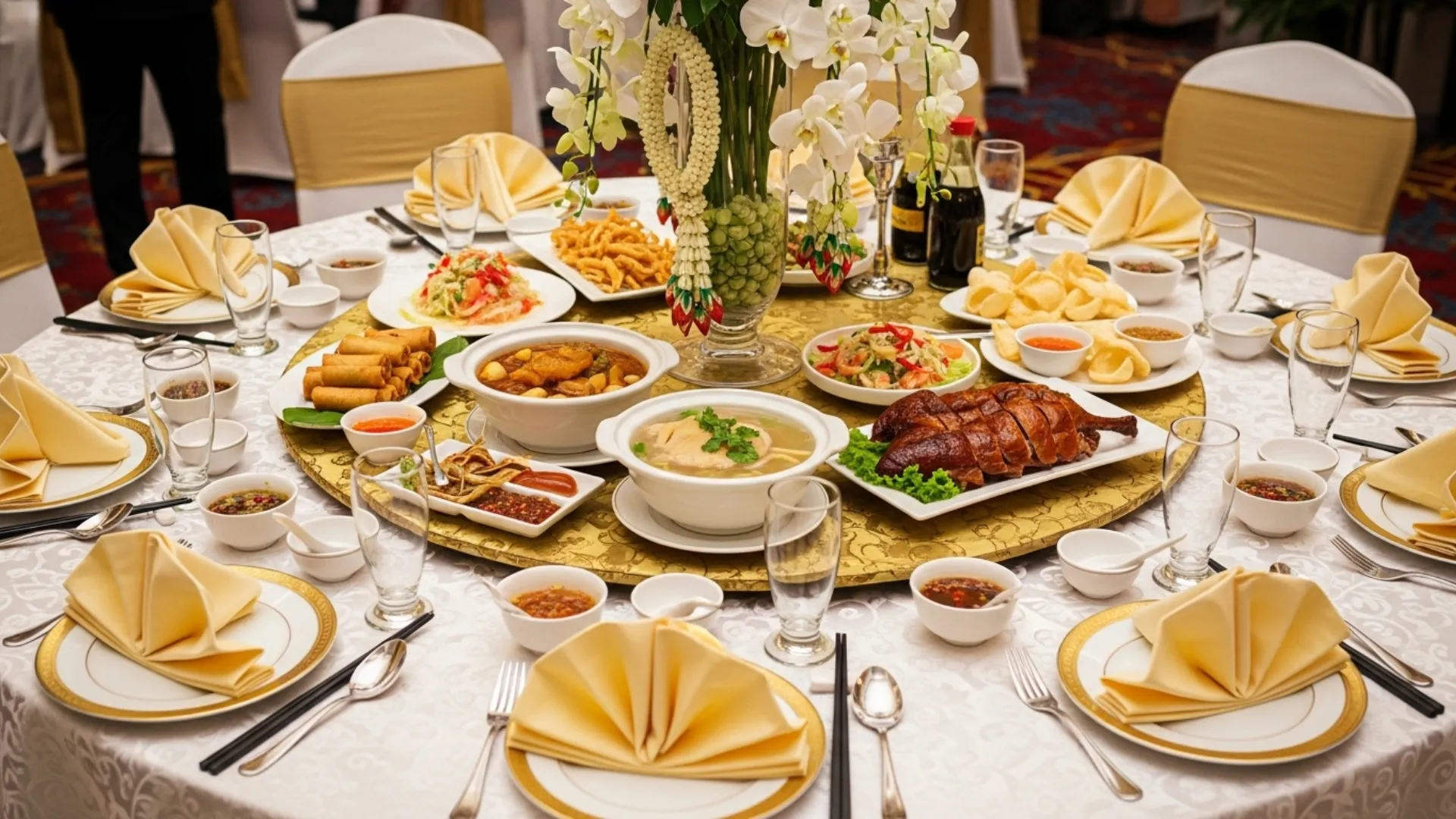 โต๊ะอาหารจัดเลี้ยงงานแต่งงานแบบโต๊ะจีนสไตล์ไทยพร้อมเมนูออเดิร์ฟและอาหารหลัก