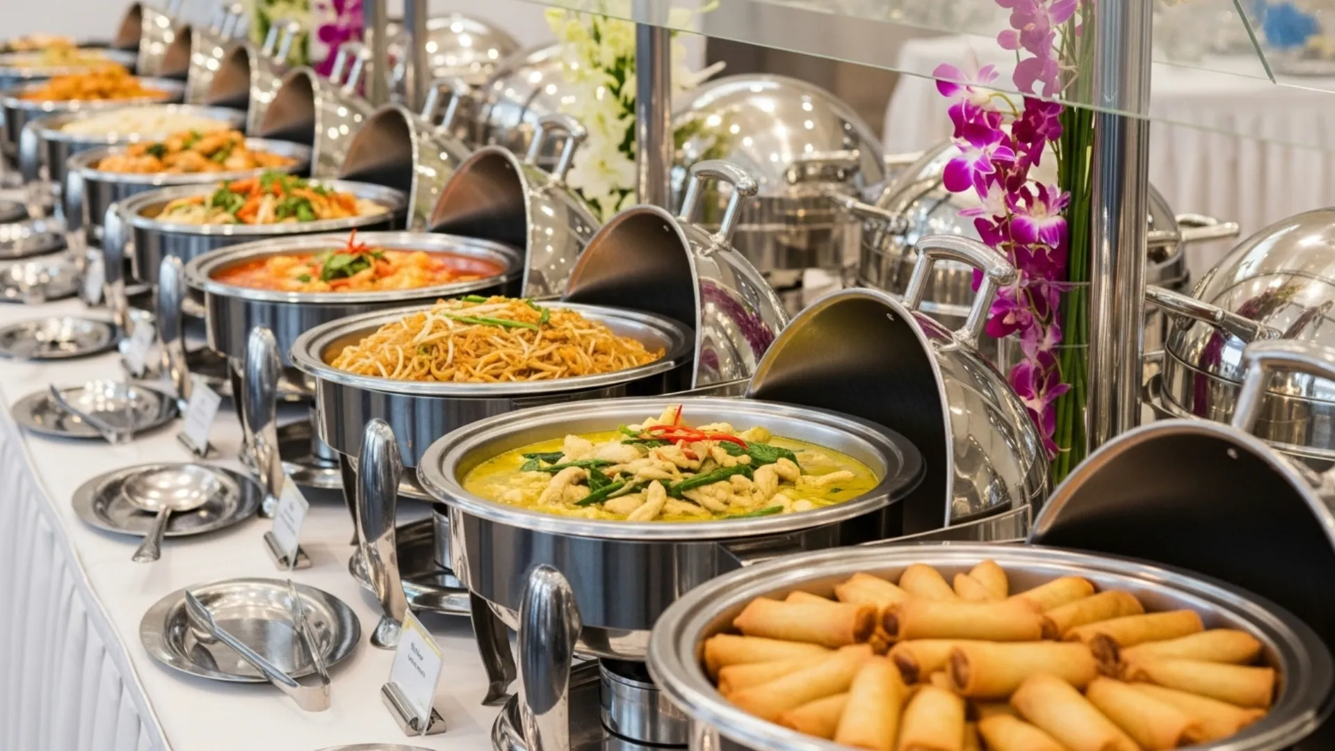 ไลน์บุฟเฟ่ต์อาหารไทยในโถสแตนเลสทรงกลมพร้อมฝาโดมสำหรับงานแต่งงาน จัดเรียงอย่างสวยงาม